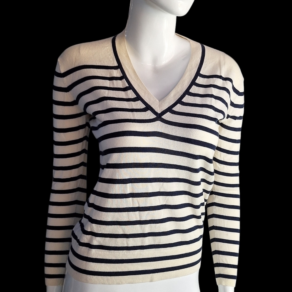J. Crew Womens Striped VNeck Sweater Summerweight Cotton XSmall Cream/Blue Color